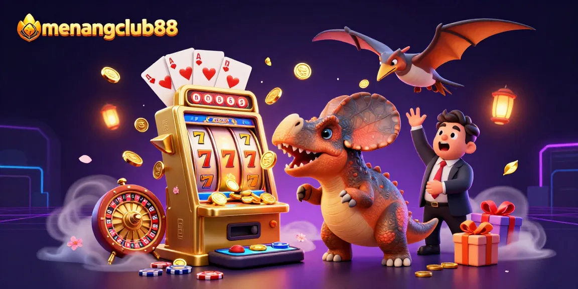 menangclub88 players enjoying dynamic casino action with cartoon dinosaurs and slot machines