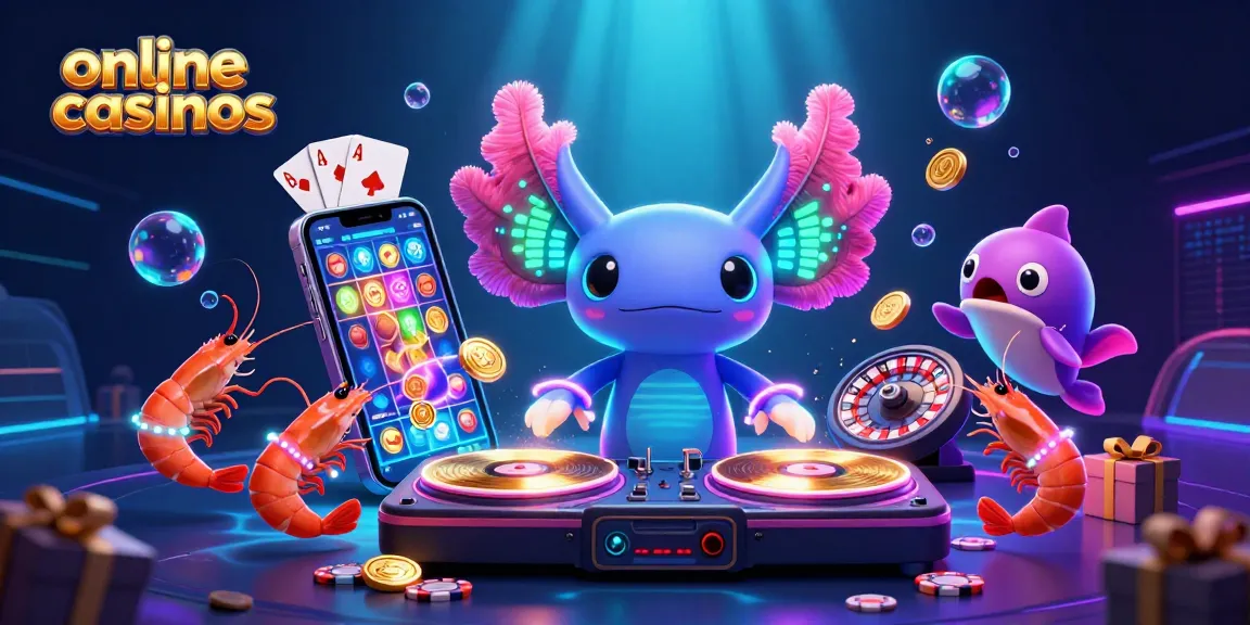 Experience lively online casinos as a neon axolotl DJ spins while shrimp dance in an underwater party.