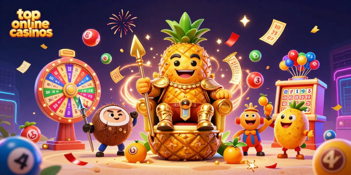 Experience the thrill of top online casinos with a vibrant beach casino scene featuring a pineapple king.