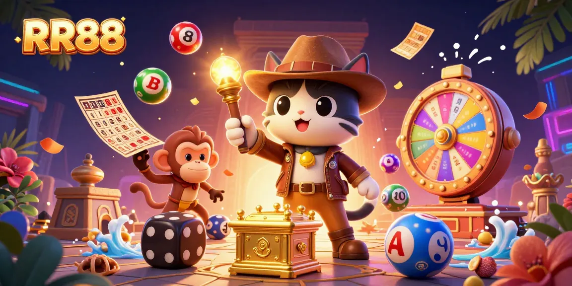RR88 celebrates vibrant casino action with a cartoon archaeologist cat and dynamic gaming elements.